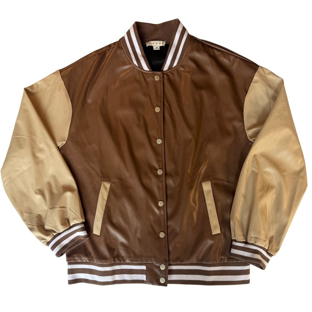 HYFVE NWOT Brown Faux Leather Varsity Jacket Contrast Sleeve Ribbed Cuffs Size M